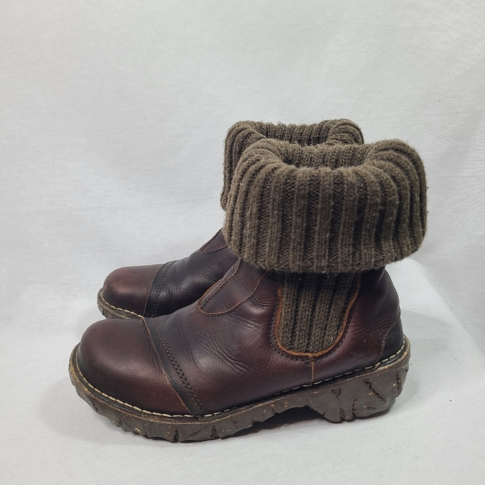 El Naturalista Brown Pull On Knit Leather Mid Calf Sock boots- Unisex
